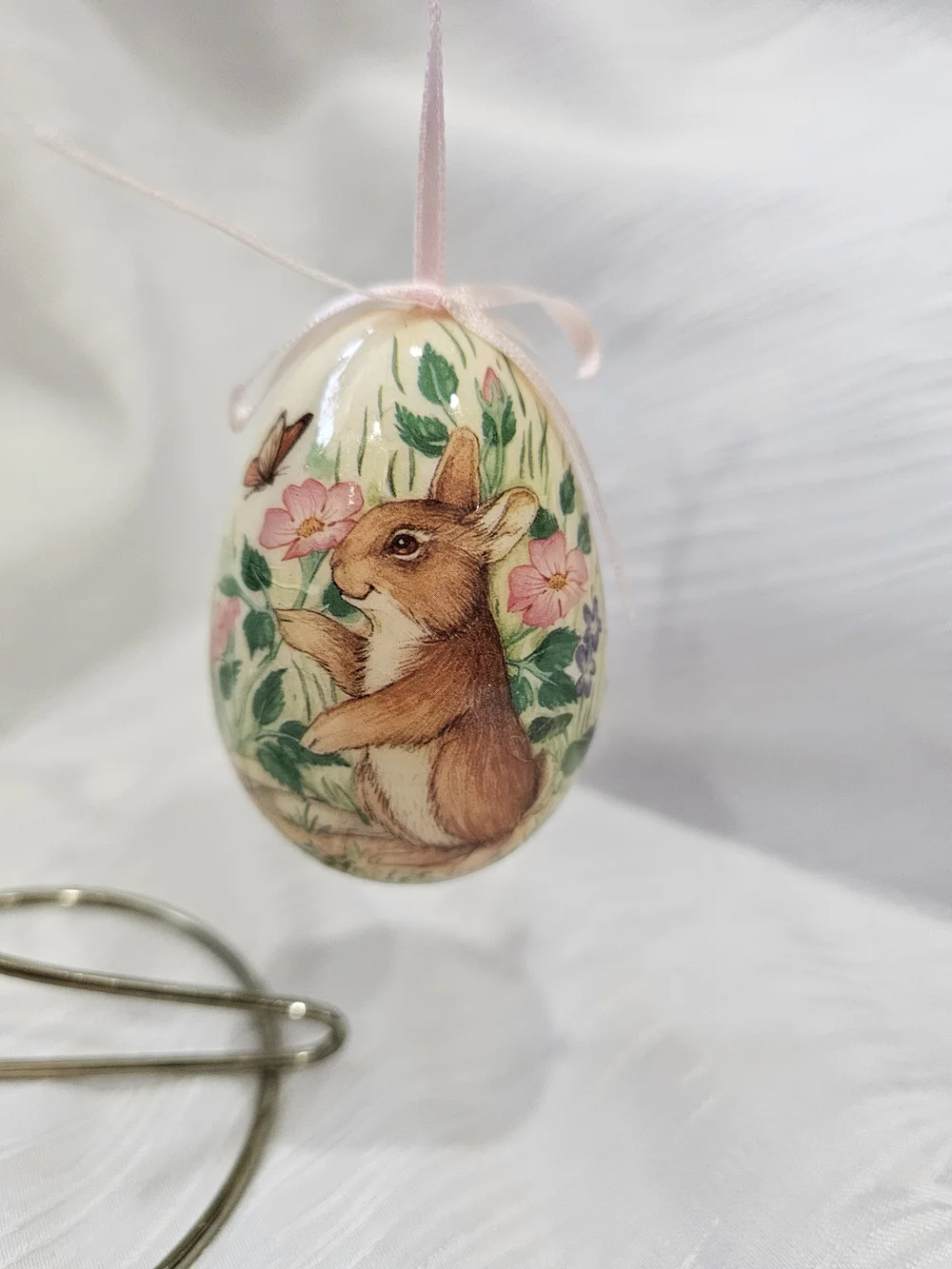 Vintage Paper Mache Bunny Floral Easter Hanging Egg Ornament - Pink Ribbon